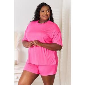 BASIC BASE Hot Pink Two Piece Soft Rayon Half Sleeve Top Shorts Set Casual NEW